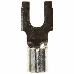 Non-insulated block fork terminal for #6 stud size, accepting 12 AWG to 10 AWG wire. Rated 600 V. Suitable for electrical connections in control panels, power distribution, and equipment wiring.