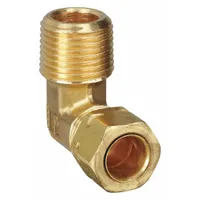Brass compression fitting elbow with self-aligning design for connecting 3/8 in OD tubing to 3/8 in male NPT threads. Provides leak-tight seal without flaring or soldering. Suitable for pneumatic, hydraulic, and instrumentation systems. Pack of 25