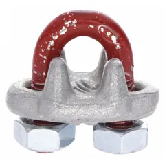 Forged steel U-bolt clip for terminating wire rope ends, forming eyes, or securing loops. Silver finish. Compatible with 3/16 in rope diameter; 3 3/4 in rope turnback length. Used in rigging and lifting applications.