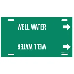 Green pipe marker with white legend reading 'Well Water' and directional arrows. Designed for strap-on installation on pipes with outer diameter from 6 to 7-7/8 inches. Used to identify pipes carrying well water in industrial and facility piping systems.