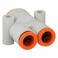 This SMC push-fit wye fitting is made of polybutylene terephthalate and has three tube connections: two 5/16 in OD and one 1/2 in OD. It is used to branch one pneumatic or fluid line into two in industrial automation, packaging, and material handling systems