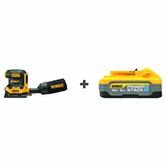 This cordless sheet sander operates on a 20V MAX battery platform and includes a 5.0 Ah battery. It features a 4-1/2 x 5-1/2 in sanding surface, palm grip, and clamp. Typical applications include sanding wood, metal, and painted surfaces in woodworking, cabinetry, and automotive refinishing.