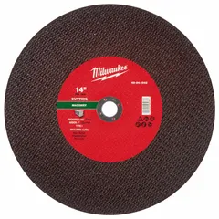 This MILWAUKEE Type 1 cut-off wheel measures 14 inches in diameter and 1/8 inch thick, with a 20 mm arbor. Constructed from silicon carbide abrasive in 30 grit, it is designed for cutting concrete and masonry materials such as brick, block, and stone.