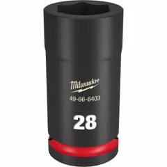 This 3/4" drive impact socket is designed for heavy-duty fastening and loosening of 28 mm metric nuts and bolts. The 6-point deep configuration provides high torque transfer and access to recessed fasteners. Suitable for use with impact wrenches in automotive, construction, and industrial maintenance applications.