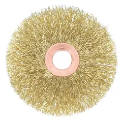 This WEILER brush features a crimped brass fill of 0.005" for nonsparking light cleaning of soft materials. With a 1 1/2" diameter and 1/4" width, it is suited for gentle surface preparation and cleaning in environments where spark prevention is required. The 3/8" arbor allows mounting on standard power tools.