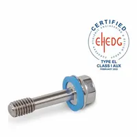 Partially threaded M6 hex head screw in Grade 316L stainless steel with an 8 mm minimum thread length. Includes an FDA-approved pre-mounted sealing washer. Narrow shaft design for use in confined spaces within food, beverage, and pharmaceutical processing equipment requiring frequent washdown