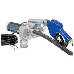 This bung-mount DC-powered fuel transfer pump from GPI features a 1/5 hp motor and a maximum flow rate of 15 gpm. Constructed in aluminum, it includes a hose and nozzle for transferring diesel, kerosene, and other non-flammable fluids from drums or tanks. The pump operates on 12 V DC and does not include a meter.
