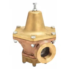 This bronze steam pressure regulator features FNPTF x FNPTF connections and a 1 1/2 inch inlet size. It is used to reduce and stabilize downstream pressure in steam systems, suitable for industrial heating, process steam, and commercial boiler applications.