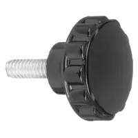 Fluted knob with a threaded stud for manual adjustment and clamping on industrial machinery and control panels. Thermoset body with #10-24 thread, 30 mm thread length, and 0.88 in diameter