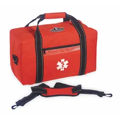 Orange polyester duffel bag with zipper closure and padded shoulder strap. Designed for carrying emergency or first-aid supplies in healthcare and industrial safety settings.