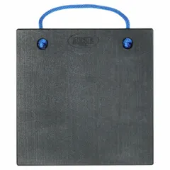 Square polymer jack plate with 50 ton vertical load capacity, 18 in overall length, black color, and blue handle. Used to stabilize mobile cranes, aerial lifts, and heavy equipment by distributing vertical load over a wider area to prevent ground sinkage.
