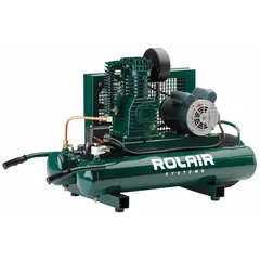 Oil-lubricated wheelbarrow-style air compressor with a 9-gallon tank. Powered by a 1.5 hp motor operating at 240V AC, delivering 7.3 cfm at 90 psi and drawing 17.1 A. Includes a regulator. Suitable for powering pneumatic tools at job sites, workshops, and maintenance tasks.