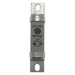 Fast-acting bolt-on fuse for overcurrent protection of power semiconductor devices in AC/DC circuits. Rated 80 A, 1000 V AC, 800 V DC. Suitable for industrial drives, power supplies, and conversion equipment.
