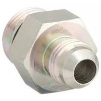 This rigid, straight steel adapter connects a male ORB (O-Ring Boss) port to a male JIC (Joint Industry Council) flare fitting. It is used in hydraulic systems to transition between these thread types, commonly in fluid power applications such as construction, agricultural, and industrial machinery