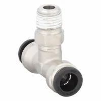 Nickel-plated brass tee fitting with 3/8 in OD tube x 3/8 in OD tube x 1/4 in pipe connections and 2 1/32 in overall length. Used to branch or combine pneumatic or low-pressure fluid lines in industrial automation, packaging, and material handling systems