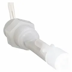 Mechanically alternating side-mounted float switch with polypropylene construction. Features a selectable SPST switch function and terminates with lead wires. Specific gravity rating of 0.63. Used for liquid level control in tanks or vessels, suitable for duplex pump systems in water, wastewater, and industrial fluid management.