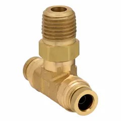This brass tee fitting connects 1/4 in NPTF pipe to 1/2 in OD tubing with push-to-connect ends. Suitable for air brake and pneumatic systems, it enables tool-free assembly and reliable sealing.