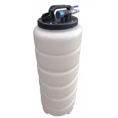 This pneumatic-powered fluid evacuator is designed for removing engine oil and transmission fluid. The plastic unit has an overall width of 9 inches, suitable for use in vehicle maintenance and industrial equipment fluid extraction.