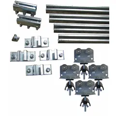 This track festoon kit includes a 70 ft C-Rail track and trolleys, requiring a minimum of 82 ft of flat cable or hose. Designed for supplying power and control signals to moving equipment in industrial environments, it is suitable for overhead crane systems, hoists, and automated machinery.