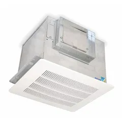 Single-speed ceiling exhaust fan for general ventilation in commercial spaces such as offices, restrooms, and break rooms. Operates on 115V AC with a noise rating of 5 sones. Features a high-profile design, rectangular duct shape, and a white polystyrene grille.