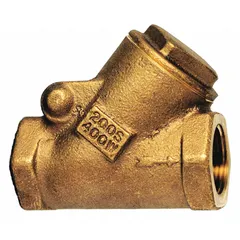 This bronze Y-style swing check valve features a 1/2 in pipe size with FNPT x FNPT NPT connections. The swing disc mechanism prevents backflow in piping systems, while the Y-shaped body allows straight-through flow and easy maintenance access. Suitable for water, oil, and gas applications in commercial and industrial facilities.