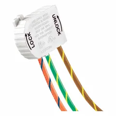 Snap-in wiring module rated 125V AC and 20A. Features 3-wire configuration with 18-inch stranded leads in orange and blue. Designed for quick installation in compatible enclosures for control panels, lighting, and power distribution.