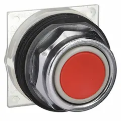 Momentary-action flush-mount push-button operator with a metallic red actuator. Designed for 30 mm panel cutouts, suitable for industrial control panel applications requiring a recessed operator for stop or emergency functions.