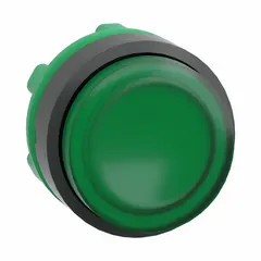 Green illuminated extended-length push-button operator from the XB5 series. Maintained action with 22 mm mounting size and non-metallic construction. Used in industrial control panels for start/stop or on/off commands, providing high visibility in machinery and process automation.