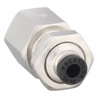 Nickel-plated brass tube fitting with Push-to-Connect x FNPTF configuration. Accepts 5/32 in OD tubing and 1/4 in pipe size. Silver finish. Used for quick, tool-free connections in pneumatic or fluid systems