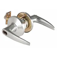 This office lever lockset features a 9K curved no-return lever in satin chromium-plated zinc. It is ADA compliant and equipped with a Small Format Interchangeable Core (SFIC) for key control. The F109 function allows passage or privacy locking as configured. Suitable for commercial interior doors in office, education, and healthcare settings