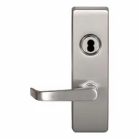 This mechanical exit device trim features a stainless steel construction with a silver finish, designed as a lever outside trim with a pull plate style. It is ADA compliant and suitable for use on exit push bars in commercial and institutional settings