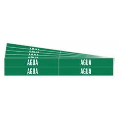 Green adhesive pipe marker with white legend reading 'Agua' for identifying water piping systems. Fits pipe outer diameters from 3/4 to 2-3/8 inches. Pack of 5 includes 4 markers without arrows. Suitable for industrial facility pipe identification.
