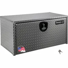 This single drop-down door box from BUYERS PRODUCTS is finished in silver and equipped with a keyed lock. Designed for underbody mounting on trucks, it provides secure storage for tools and equipment during transport. Suitable for service vehicles, construction fleets, and maintenance trucks.
