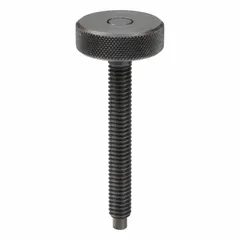 This knurled-head hand knob screw features a dog-point tip for precise positioning in workholding fixtures and jigs. With a 5/16"-18 thread and 2 1/4 in thread length, it is designed for manual adjustment and clamping in industrial applications.