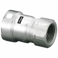 Stainless steel press fitting with Press-fit x FNPT configuration and FKM seal. Used to connect 1 1/4 in stainless steel pipe to female NPT threaded components in commercial plumbing, HVAC, and industrial piping systems