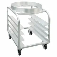 This bowl dolly is designed for transporting large mixing bowls in commercial kitchens and foodservice operations. It features four swivel casters for maneuverability. Overall dimensions: 26 in length, 22 in width. Not NSF certified.