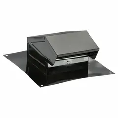 This roof cap terminates a 4-inch round duct through a roof, preventing weather entry while allowing exhaust airflow. It features a press-fit connection, a built-in screen to block pests, and a backdraft damper to stop reverse airflow. Constructed from 25-gauge steel with a black epoxy finish.