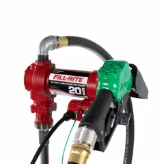 This bung-mount DC-powered fuel transfer pump from FILL-RITE operates on 12 V DC with a 1/4 hp motor and delivers a maximum flow rate of 20 gpm. It includes a hose and nozzle for direct drum installation. Suitable for transferring diesel, gasoline, and other non-flammable liquids in fleet maintenance, agriculture, and construction applications.