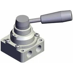 Lever-actuated, side-ported manual air control valve with 1/4 in NPT ports and a maximum operating pressure of 1 MPa. Used for starting, stopping, or redirecting compressed air flow in pneumatic systems.