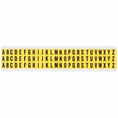 Die-cut Gothic letters A to Z, black characters on a yellow background, 3/8 in character height. For indoor, non-reflective use. Not self-spacing or aligning. Suitable for labeling and identification in industrial and facility settings.