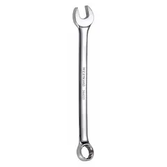 This SAE 12-point combination wrench features a 1 1/4 in head size and 16 3/4 in overall length. Constructed with a chrome finish and offset design, it is suited for tightening or loosening fasteners in mechanical assembly and maintenance tasks.