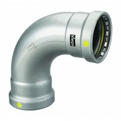 This gas steel press pipe fitting features a 2 1/2 in press-fit x press-fit connection with an HNBR seal. It is used for joining gas steel pipes in commercial and industrial gas distribution systems, enabling fast assembly without threading or welding.