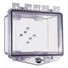 This clear polycarbonate wall fixture guard is designed for outdoor use with keypads. It features a NEMA 3R rating, water resistance, and a 5 15/16 in overall depth. The guard includes mounting hardware for surface-mount installation and helps protect devices against vandalism and accidental damage.