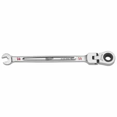 This chrome-finished combination wrench features a 12-point ratcheting box end for faster fastener engagement without repositioning. Suitable for tightening and loosening fasteners in confined spaces where swing arc is limited. Head size is 1/4 in, overall length is 1/2 in.
