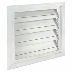 This wall-mount backdraft damper is designed for vertical mounting with horizontal airflow, suitable for ventilation systems requiring one-way exhaust. It features a single-panel flat blade construction in aluminum, with a maximum air velocity of 2250 fpm. The 19-3/4 inch height and width accommodate a 16-inch fan opening.