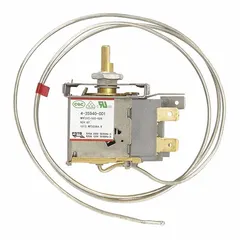 OEM replacement thermostat for Whirlpool refrigerators and freezers. Regulates temperature to maintain consistent cooling and prevent frost buildup. Suitable for residential and commercial appliance maintenance.