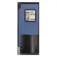 Single-leaf insulated swinging door with blue textured polyethylene construction. Includes polycarbonate window, door seals, bumpers, and mounting hardware. Meets USDA standards. Suitable for cold storage, food processing, and sanitary environments.