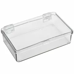 This clear plastic single-compartment box is designed for organizing small components such as hardware, craft supplies, or electronic parts. It is not electrostatic discharge conductive, making it suitable for general storage applications where ESD protection is not required. The compartment measures 4-5/16 in x 2-5/8 in x 1-1/16 in.