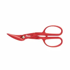 This offset tinner snip has an overall length of 11 1/4 in and a cutting length of 2 in. Constructed from steel, it is designed for cutting sheet metal such as 20 ga stainless steel. The offset blade design keeps the operator's hand clear of the material, facilitating straight and curved cuts in HVAC ductwork, metal roofing, and general fabrication.