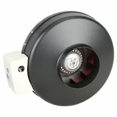 This inline duct fan moves air through 6-inch ducts with a maximum airflow of 308 cfm. It operates on 120V AC single-phase power and features a single-speed, speed-controllable standard-efficiency motor. The unit includes a mounting bracket and is constructed of steel with an IP54 rating. Suitable for general ventilation in duct systems requiring moderate airflow.